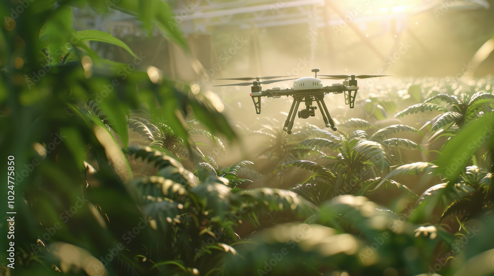 drone hovers above lush green plants in sunlit greenhouse, showcasing modern agricultural technology. scene captures harmony between nature and innovation, emphasizing sustainable farming practices drone hovers above lush green plants in sunlit greenhouse, showcasing modern agricultural technology. scene captures harmony between nature and innovation, emphasizing sustainable farming practices