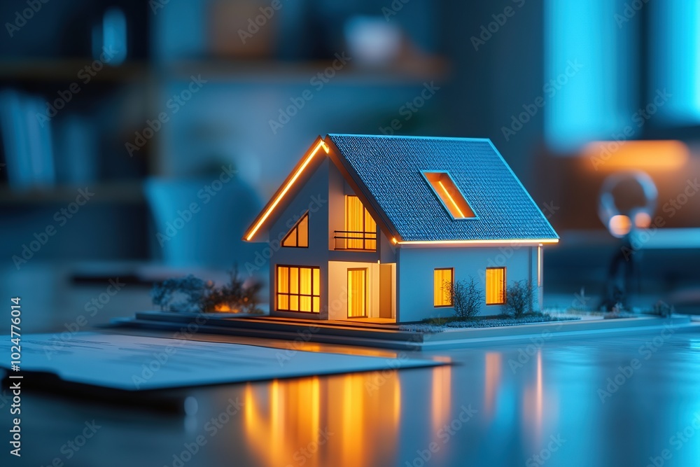 Architectural model of a modern house illuminated from inside, placed on a desk with blueprints and documents in a dimly lit office Architectural model of a modern house illuminated from inside, placed on a desk with blueprints and documents in a dimly lit office