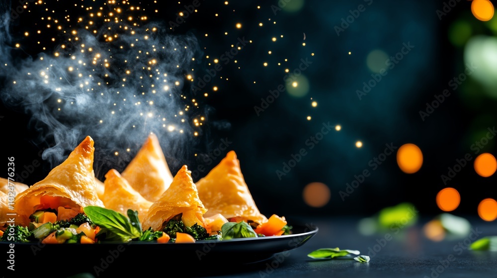 Crispy vegetable samosas with a golden, flaky pastry filled with spiced vegetables Crispy vegetable samosas with a golden, flaky pastry filled with spiced vegetables