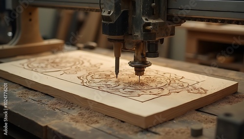 A CNC milling machine engraves intricate designs into a wooden panel