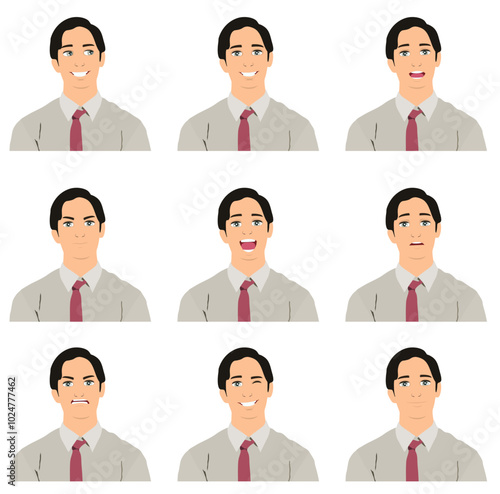 Set of young handsome busnessman with different facial expressions vector illustration isolated