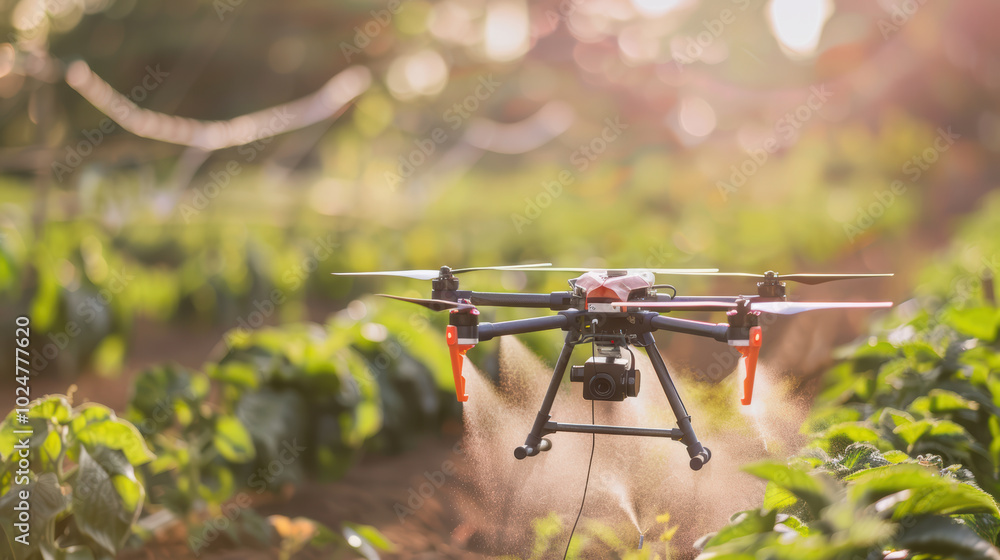 drone sprays crops in lush green field, showcasing modern agricultural technology. sunlight enhances vibrant colors of plants, highlighting innovation in farming practices drone sprays crops in lush green field, showcasing modern agricultural technology. sunlight enhances vibrant colors of plants, highlighting innovation in farming practices