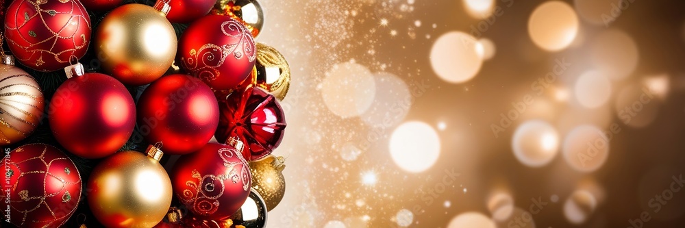 Red and gold Christmas ornaments with a shimmering background and copy space for text, perfect for the Christmas holiday banner. Made with generative AI technology Red and gold Christmas ornaments with a shimmering background and copy space for text, perfect for the Christmas holiday banner. Made with generative AI technology