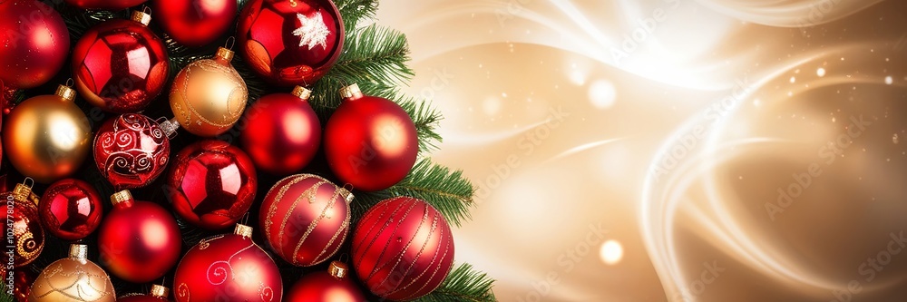 Red and gold Christmas ornaments with a shimmering background and copy space for text, perfect for the Christmas holiday banner. Made with generative AI technology Red and gold Christmas ornaments with a shimmering background and copy space for text, perfect for the Christmas holiday banner. Made with generative AI technology