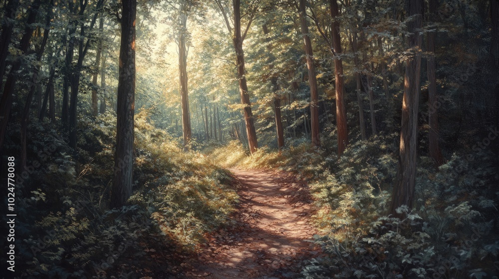 Fototapeta premium A sunlit path winds through a lush forest, casting long shadows on the verdant ground.