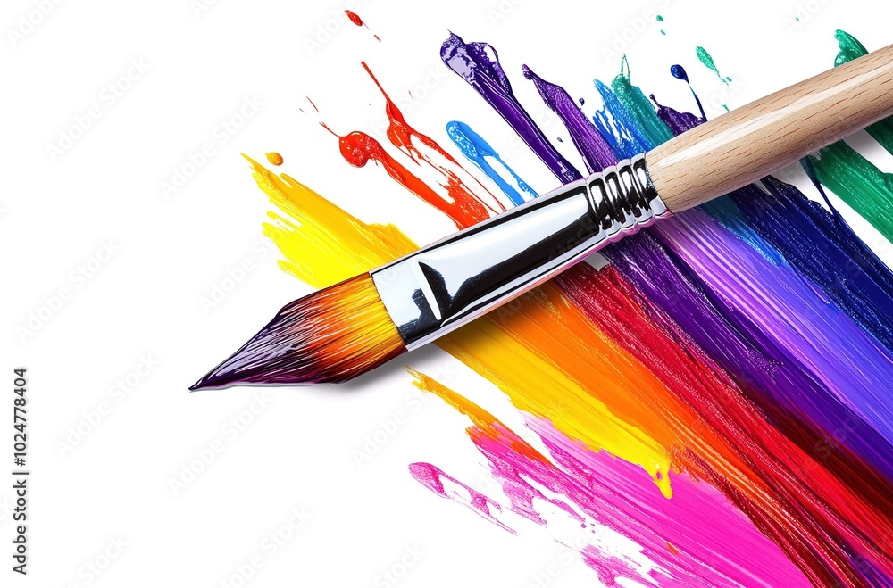 Fototapeta premium Colorful paintbrush with a colorful splash on a white background.