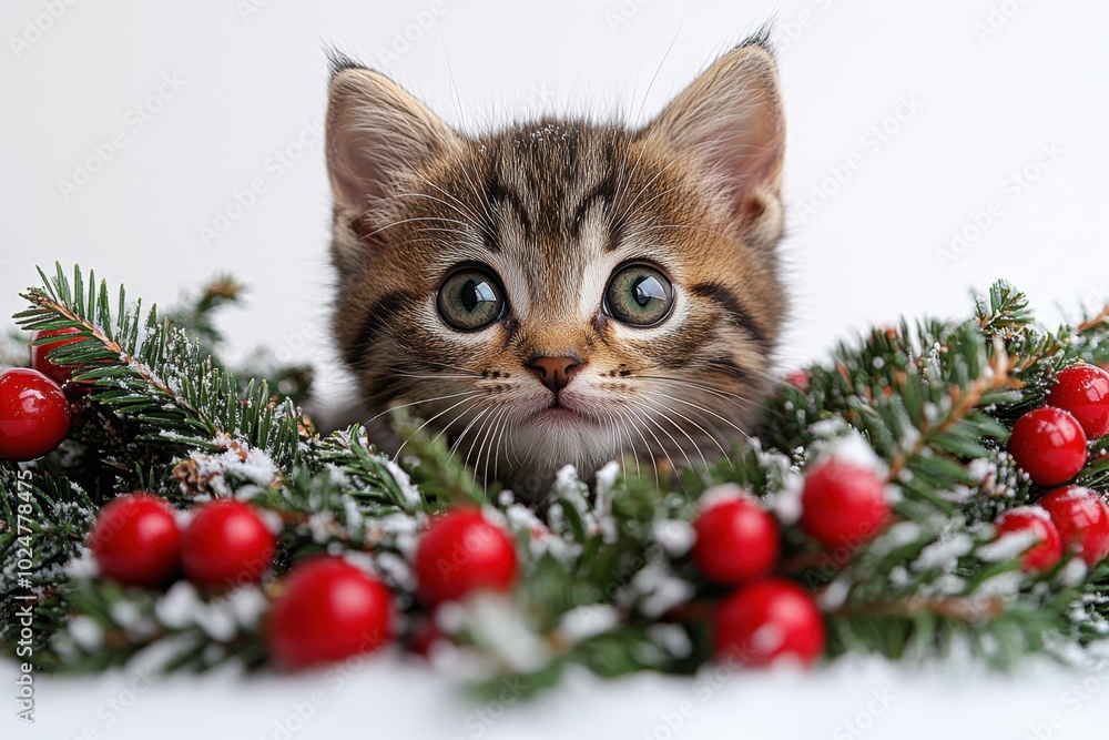A kitten peeking out from behind a holiday wreath, isolated on white background. 