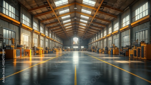 Spacious industrial warehouse with machinery and equipment.