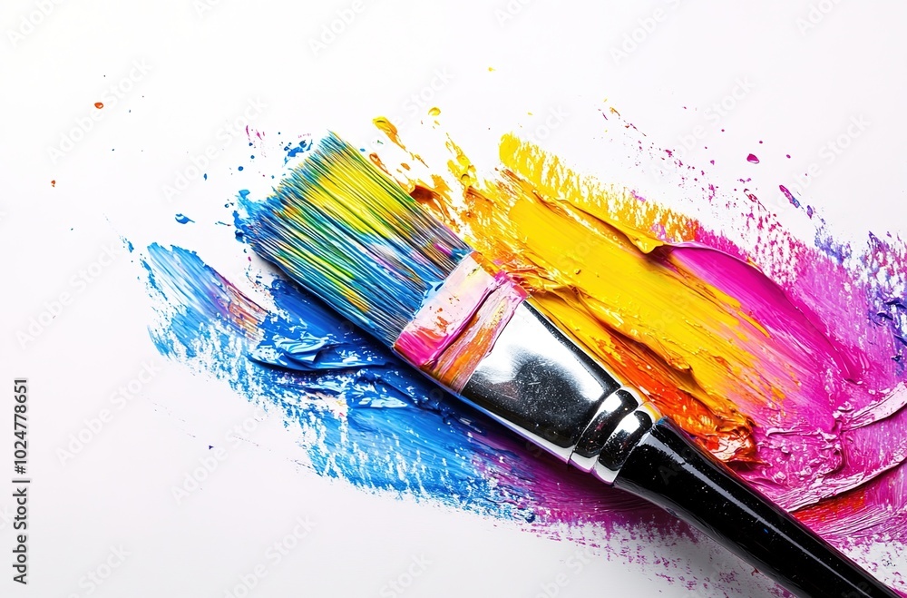 Obraz premium Colorful paintbrush with a colorful splash on a white background.