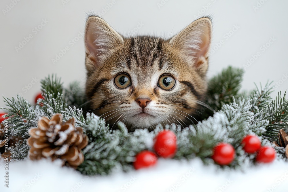 A kitten peeking out from behind a holiday wreath, isolated on white background. A kitten peeking out from behind a holiday wreath, isolated on white background.