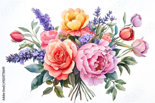 A vibrant watercolor bouquet featuring roses, peonies, tulips, and lavender, showcasing a colorful arrangement of flowers against a light background.