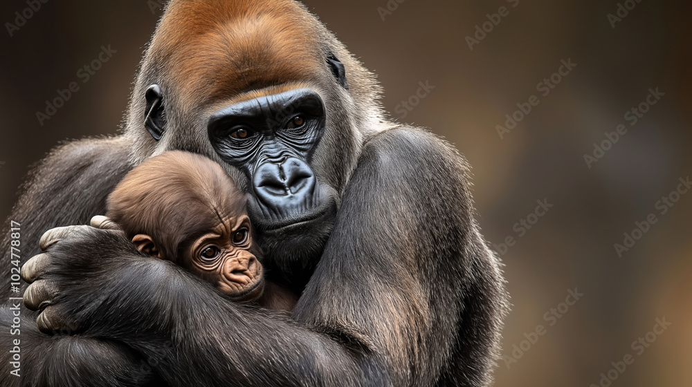 Fototapeta premium Adult gorilla gently holding a baby gorilla in a protective embrace against a neutral background