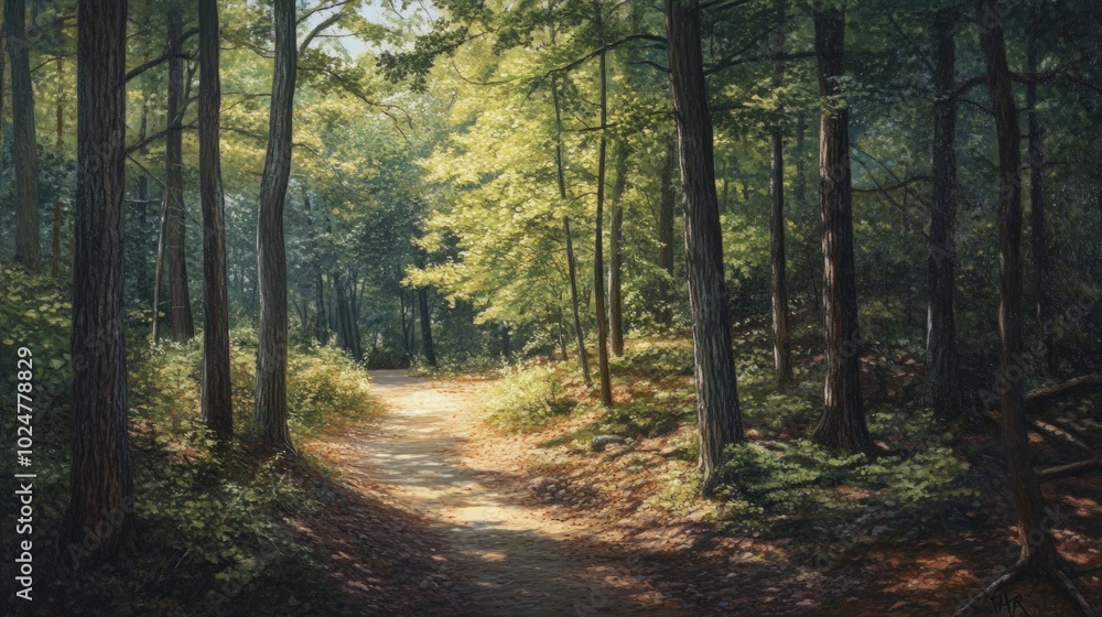 Naklejka premium A sunlit path winds through a dense forest, dappled light filtering through the trees, creating a sense of tranquility and mystery.