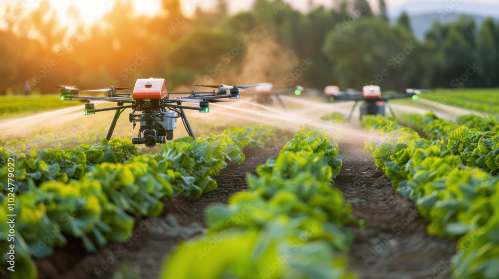 Drones spraying crops in lush green field during sunset, showcasing modern agricultural technology and innovation in farming practices Drones spraying crops in lush green field during sunset, showcasing modern agricultural technology and innovation in farming practices