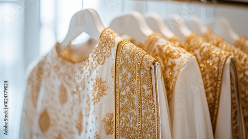 Exquisite gold-embroidered dhoti, displayed on a pristine white hanger, minimalistic backdrop for a timeless and elegant look.