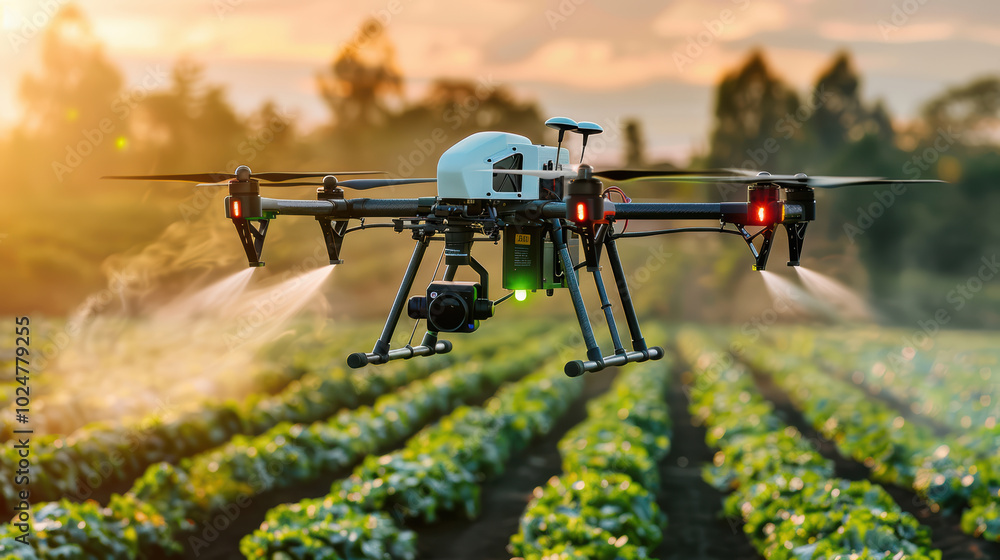 drone equipped with advanced technology is flying over lush green field, spraying crops during sunset. scene captures essence of modern agriculture and innovation drone equipped with advanced technology is flying over lush green field, spraying crops during sunset. scene captures essence of modern agriculture and innovation