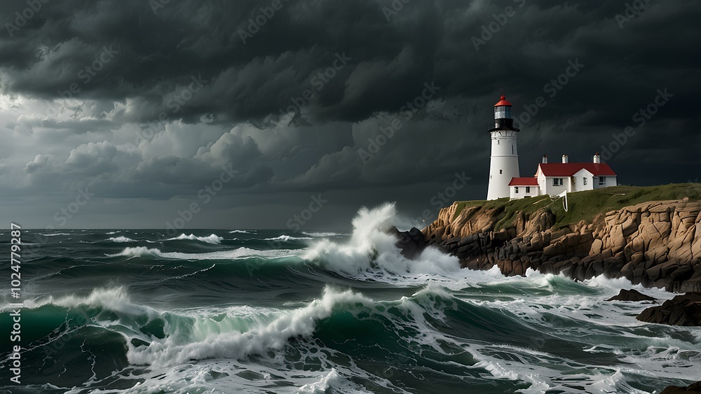 Lighthouse on a Cliff During a Storm: Waves Crash Against Rocks Under Dark Skies Lighthouse on a Cliff During a Storm: Waves Crash Against Rocks Under Dark Skies