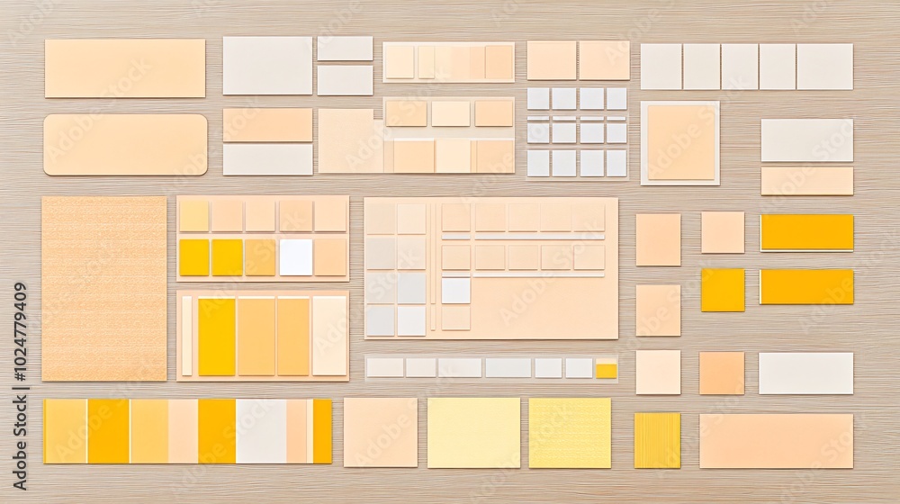 A collection of assorted yellow, white, and peach colored sticky notes arranged in rows on a wooden table. A collection of assorted yellow, white, and peach colored sticky notes arranged in rows on a wooden table.