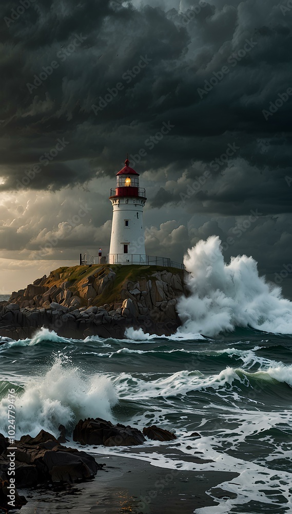 Lighthouse on a Cliff During a Storm: Waves Crash Against Rocks Under Dark Skies Lighthouse on a Cliff During a Storm: Waves Crash Against Rocks Under Dark Skies