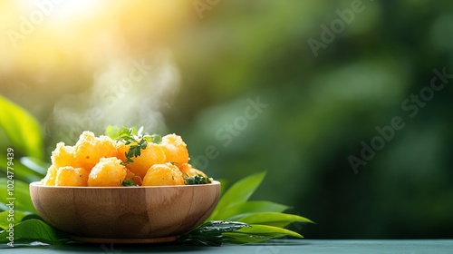 Goldenfried aloo bonda potato dumplings served with coconut chutney, a popular teatime snack photo