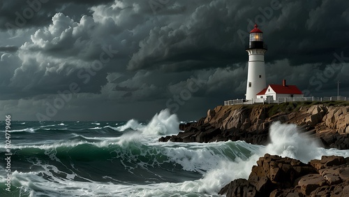 Lighthouse on a Cliff During a Storm: Waves Crash Against Rocks Under Dark Skies photo