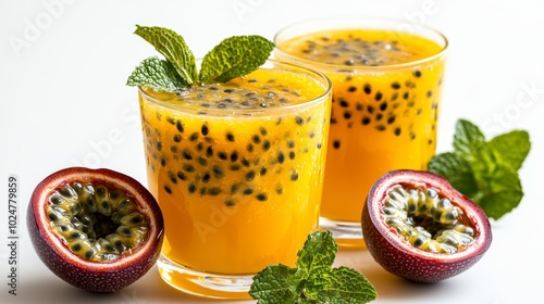 Refreshing passion fruit juice served in glasses, garnished with mint leaves, perfect for summer occasions. photo