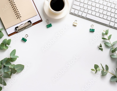 top view office table desk workspace frame with green leaves eucalyptus clipboard keyboard computer and coffee cup isolated on white background flay lay ideas notes or plan writing concept