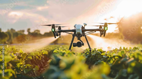 drone equipped with camera hovers over lush green field, spraying crops under beautiful sunset. scene captures essence of modern agriculture and technology