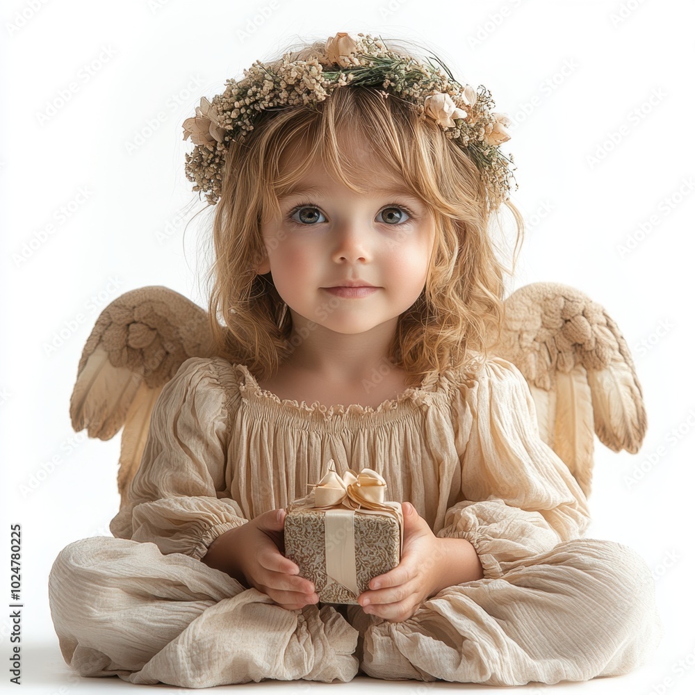 A little girl dressed as an angel, holding a small gift, isolated on white background. A little girl dressed as an angel, holding a small gift, isolated on white background.