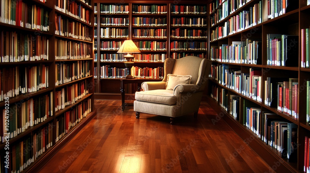 A comfortable armchair sits in a quiet library surrounded by bookshelves, a lamp illuminates the room. A comfortable armchair sits in a quiet library surrounded by bookshelves, a lamp illuminates the room.