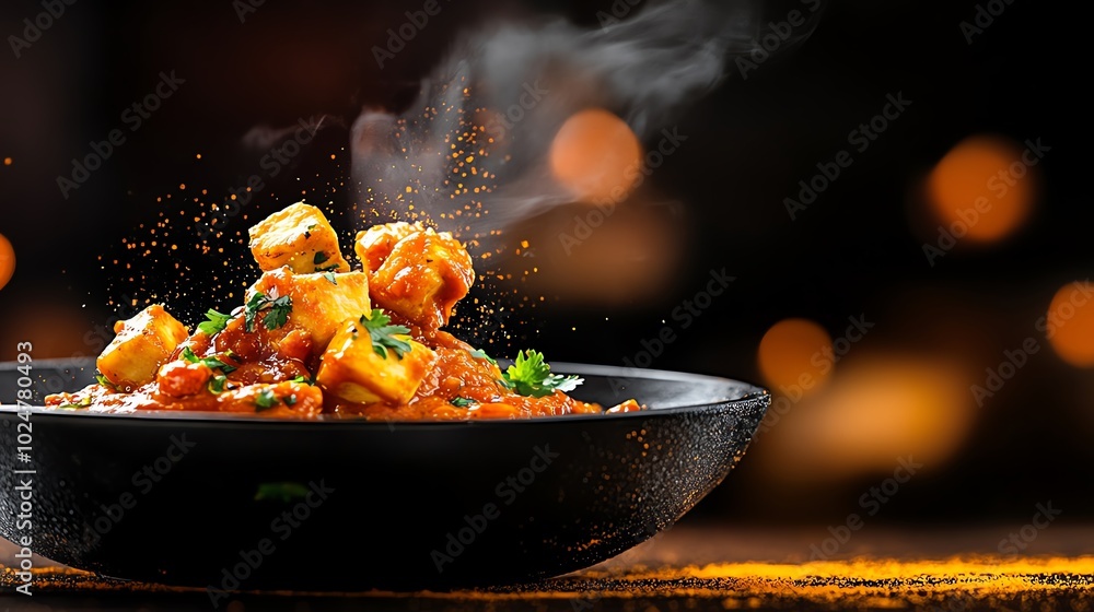Rich and creamy butter paneer with golden cheese cubes in a vibrant orange tomato gravy Rich and creamy butter paneer with golden cheese cubes in a vibrant orange tomato gravy