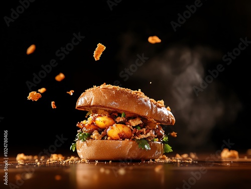 Goldenfried vada pav with a spicy potato filling encased in a soft bread roll photo