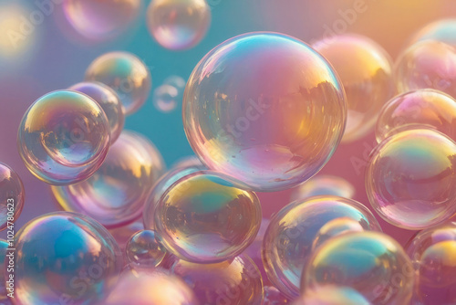 3D render holographic chrome Y2K element. Liquid chrome, shiny bunch of colorful bubbles floating in the air. The bubbles are of different sizes and colors