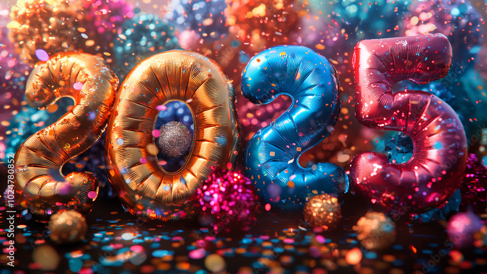 Vibrant New Year's Eve Celebration with Metallic '2025' Balloons, Fireworks, Colorful Confetti, and Bokeh Lights for a Festive Party Atmosphere Vibrant New Year's Eve Celebration with Metallic '2025' Balloons, Fireworks, Colorful Confetti, and Bokeh Lights for a Festive Party Atmosphere