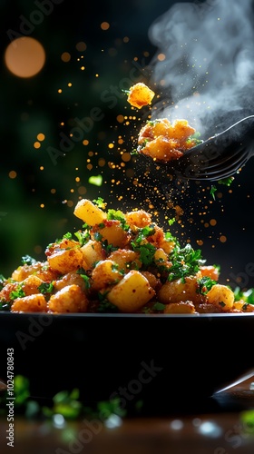 Spicy aloo gobi with golden cauliflower florets and potato cubes in a turmerictinted dry curry photo