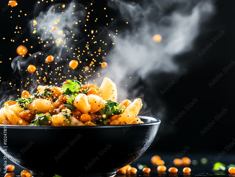 Spicy and tangy pani puri filled with flavored water, tamarind chutney, and sprouted lentils Spicy and tangy pani puri filled with flavored water, tamarind chutney, and sprouted lentils