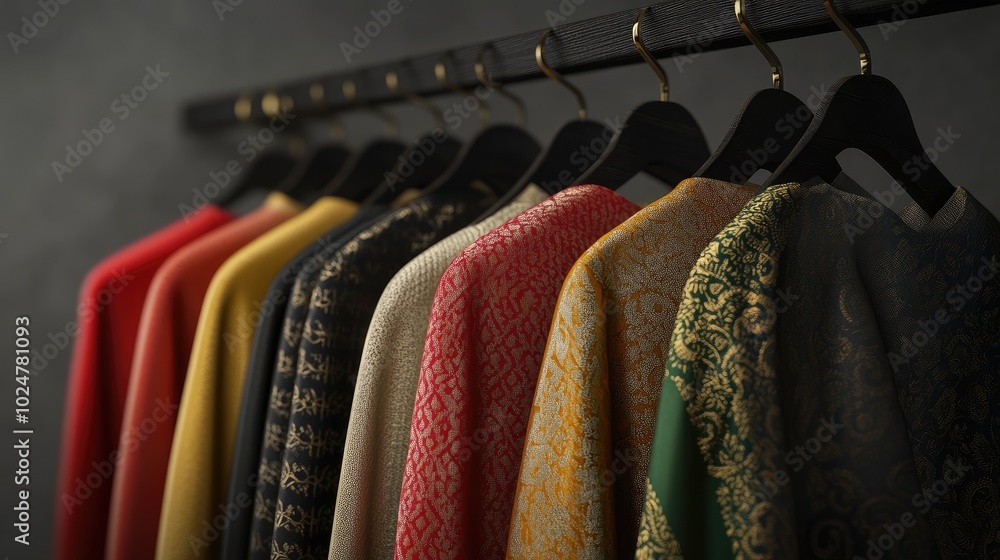 Obraz premium Multicolored silk dhotis with golden embroidery, elegantly displayed on sleek hangers, minimal background highlighting their richness.