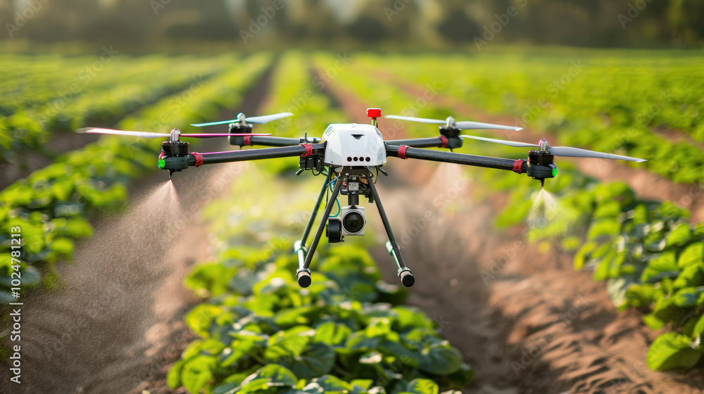 drone sprays crops in lush green field, showcasing modern agricultural technology. This innovative approach enhances efficiency and productivity in farming drone sprays crops in lush green field, showcasing modern agricultural technology. This innovative approach enhances efficiency and productivity in farming