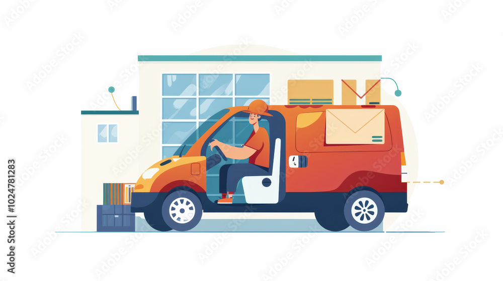 delivery driver operates colorful van, surrounded by packages and warehouse backdrop, showcasing hustle of logistics and transportation delivery driver operates colorful van, surrounded by packages and warehouse backdrop, showcasing hustle of logistics and transportation