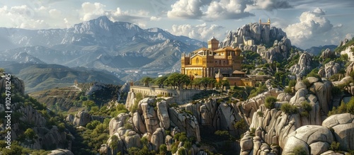 Breathtaking panoramic view of a mountainous landscape dotted with a historic hilltop town featuring a dramatic castle palace