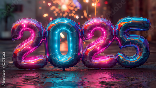 Vibrant New Year's Eve Celebration with Metallic '2025' Balloons, Fireworks, Colorful Confetti, and Bokeh Lights for a Festive Party Atmosphere photo