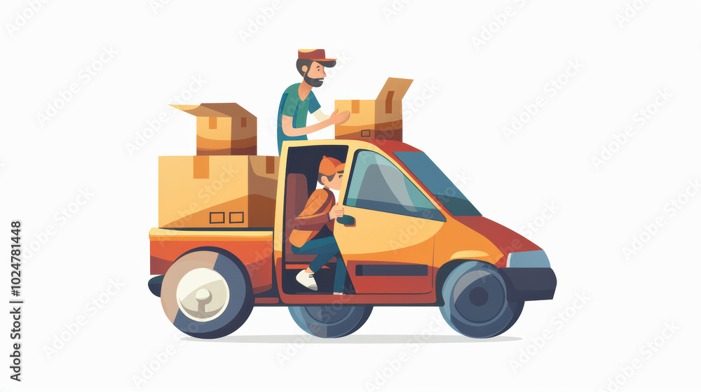 delivery van is depicted with driver and passenger, surrounded by cardboard boxes. scene conveys sense of teamwork and efficiency in transporting goods delivery van is depicted with driver and passenger, surrounded by cardboard boxes. scene conveys sense of teamwork and efficiency in transporting goods