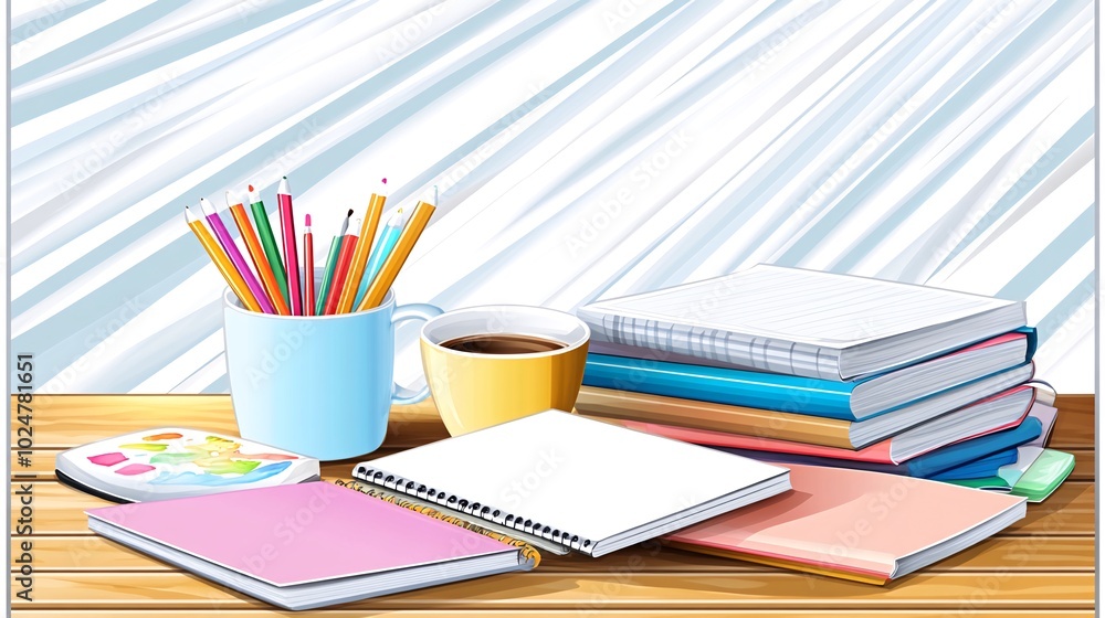 Fototapeta premium A desk with coffee, pencils, and notebooks.