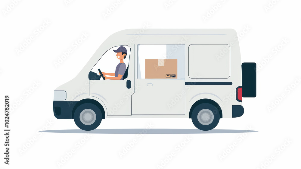 delivery van is depicted with driver inside, transporting packages. vehicle is designed in simple, modern style, showcasing box in back delivery van is depicted with driver inside, transporting packages. vehicle is designed in simple, modern style, showcasing box in back