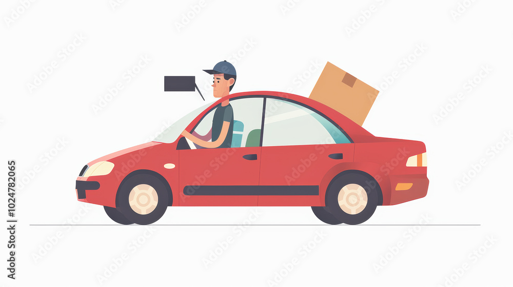 man driving red car with box in back, showcasing delivery scene. character appears focused and ready for task, embodying spirit of service and efficiency man driving red car with box in back, showcasing delivery scene. character appears focused and ready for task, embodying spirit of service and efficiency