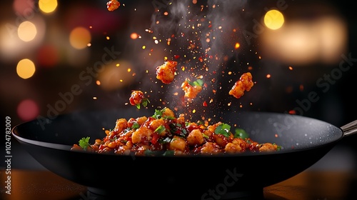 Spicy gobi manchurian with crispy cauliflower florets in a glossy, reddishbrown sauce