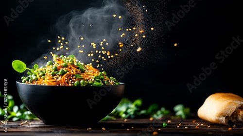 Spicy misal pav with a fiery sprouts curry topped with crunchy farsan, served with soft bread rolls photo