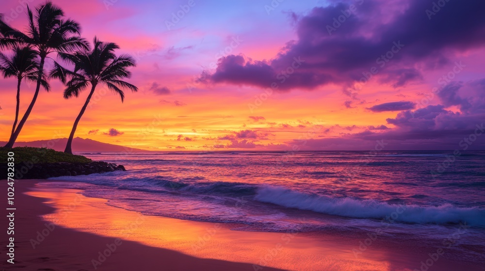 A vibrant sunset over the ocean with palm trees silhouetted against the colorful sky. A vibrant sunset over the ocean with palm trees silhouetted against the colorful sky.