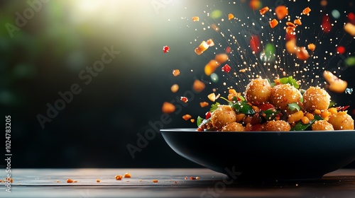 Spicy vegetable manchurian with crispy vegetable balls in a glossy, reddishbrown sauce photo