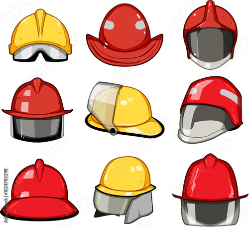 firefighter helmet set cartoon. protection gear, equipment rescue, durable shield firefighter helmet sign. isolated symbol vector illustration